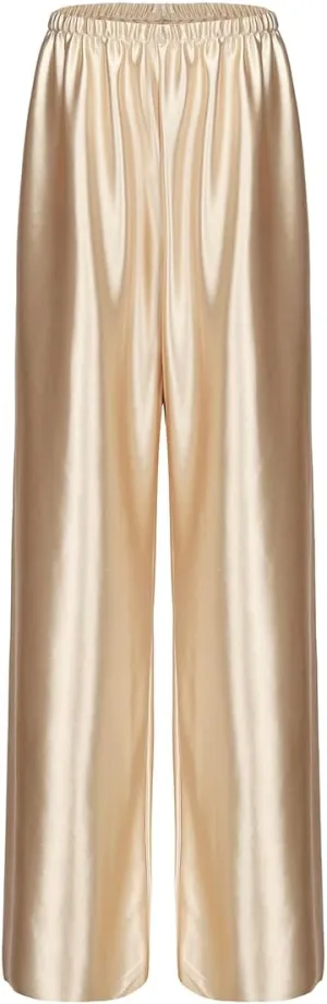 Women Satin Wide Leg Dress Pants Silk Casual Dressy Long Flowy Pants Elastic High Waisted Trousers