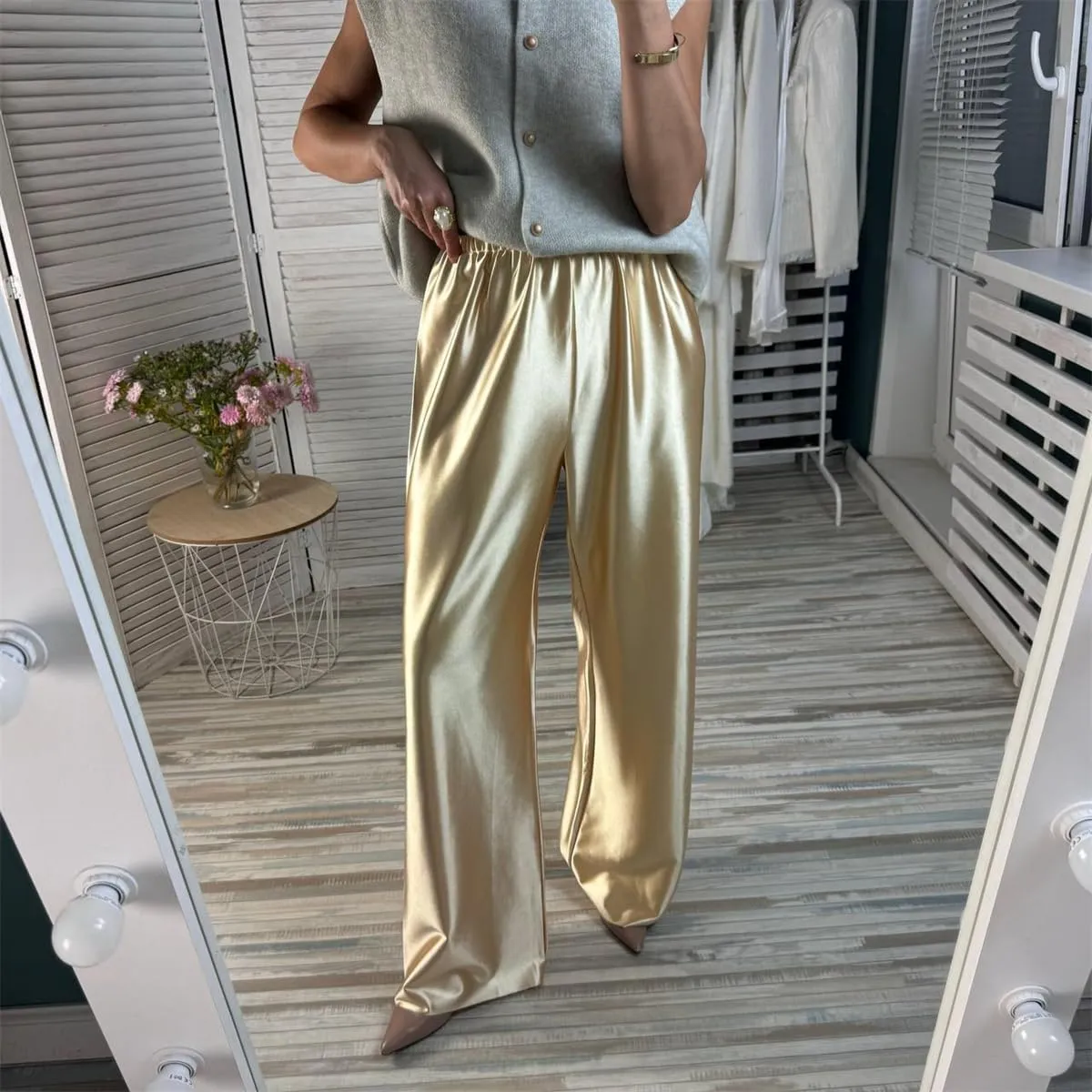 Women Satin Wide Leg Dress Pants Silk Casual Dressy Long Flowy Pants Elastic High Waisted Trousers