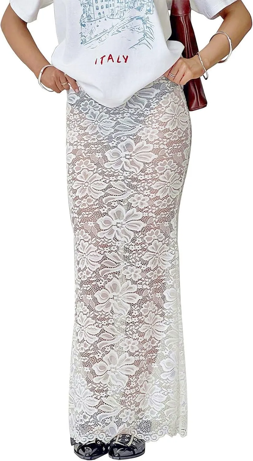 Women Sexy Lace Long Skirt Sheer Mesh Bodycon Maxi Skirts Elegant Summer Beach Coverups