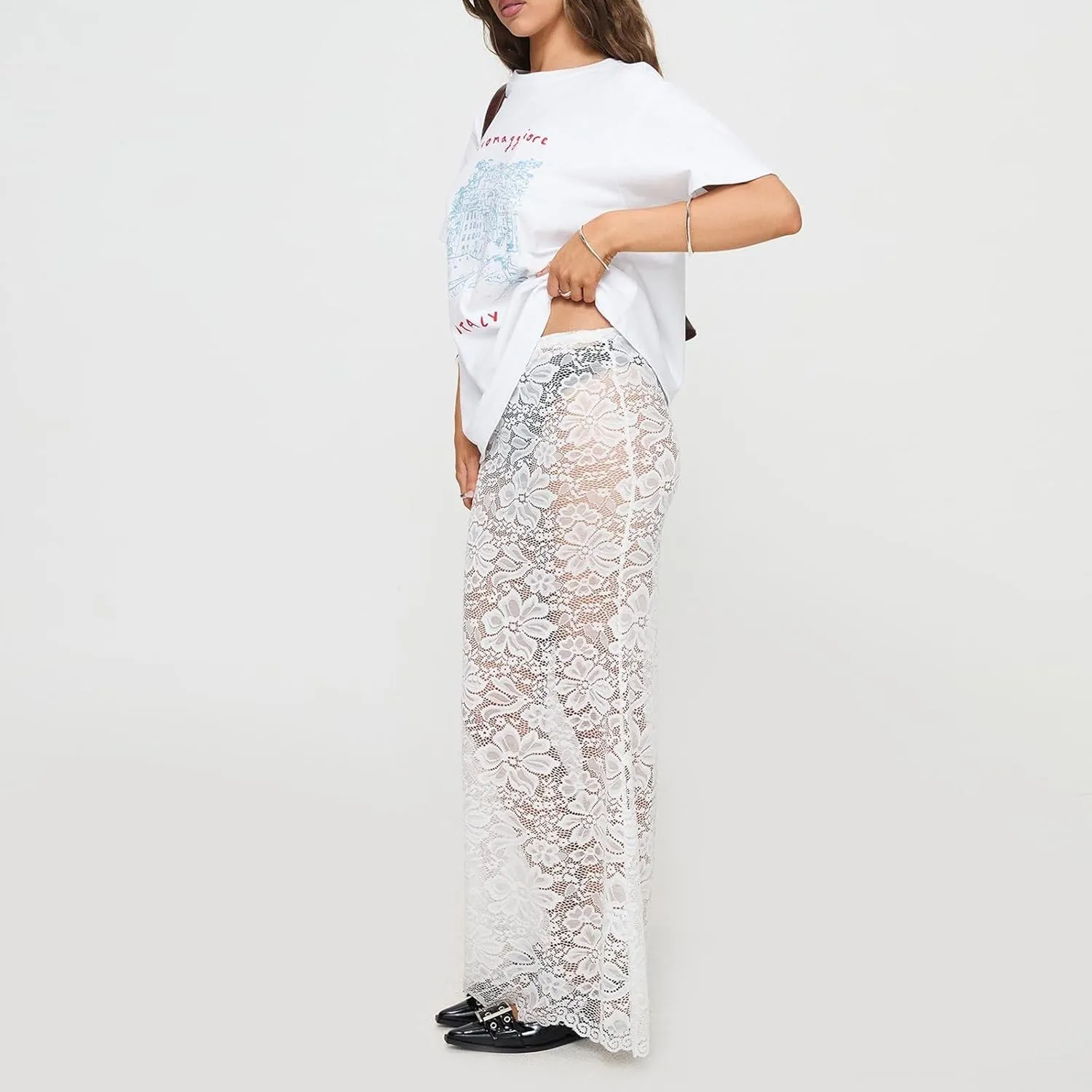 Women Sexy Lace Long Skirt Sheer Mesh Bodycon Maxi Skirts Elegant Summer Beach Coverups