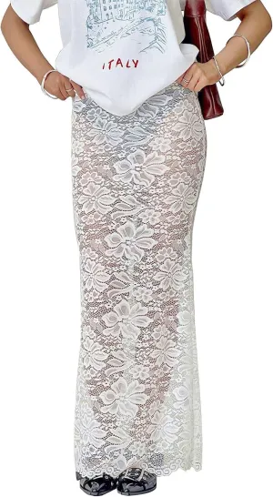 Women Sexy Lace Long Skirt Sheer Mesh Bodycon Maxi Skirts Elegant Summer Beach Coverups
