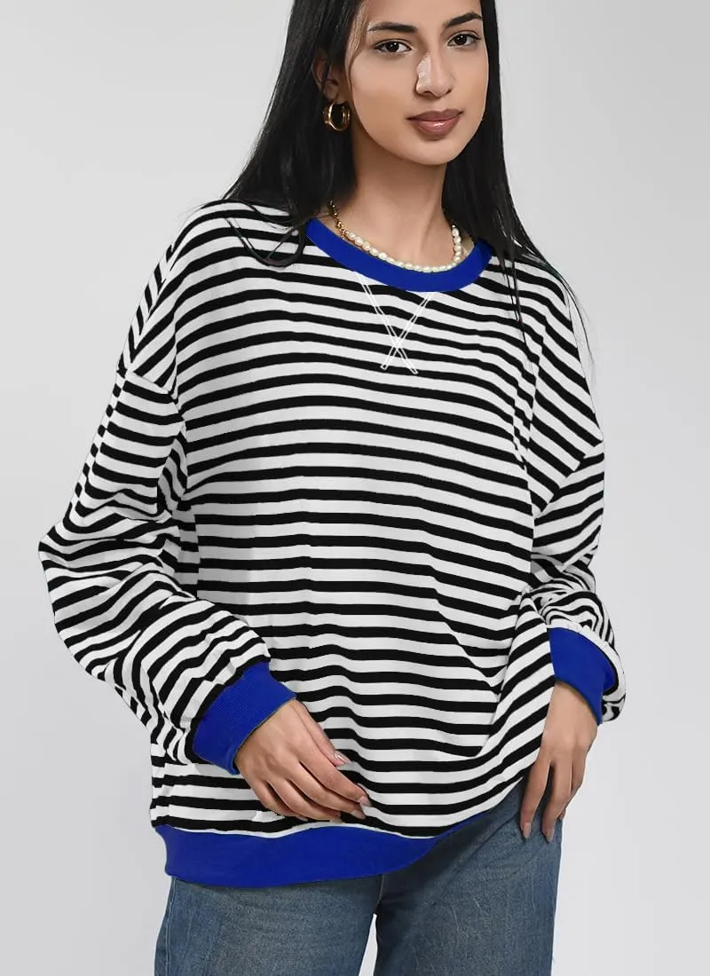 Women Striped Oversized Sweatshirt Color Block Long Sleeve Shirt Crew Neck Casual Loose Pullover Y2K Top