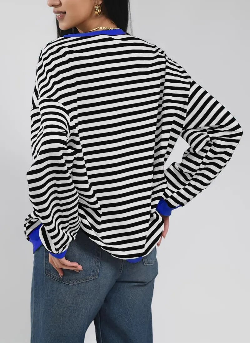 Women Striped Oversized Sweatshirt Color Block Long Sleeve Shirt Crew Neck Casual Loose Pullover Y2K Top