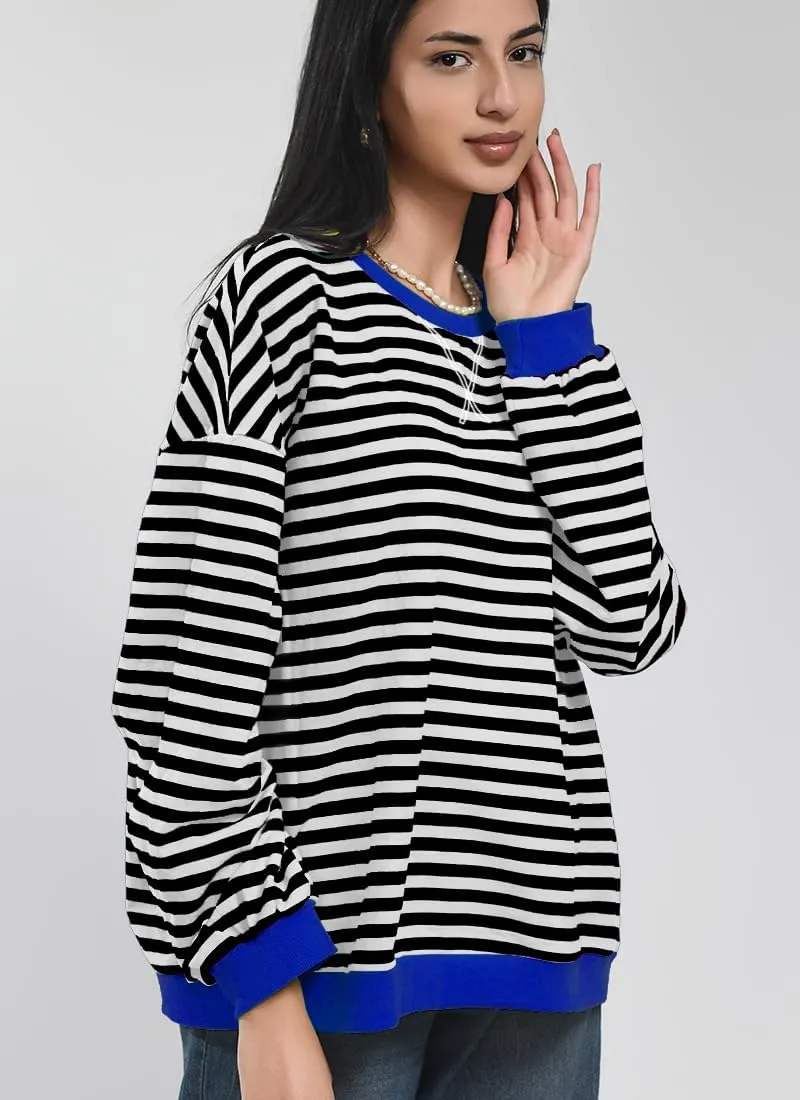 Women Striped Oversized Sweatshirt Color Block Long Sleeve Shirt Crew Neck Casual Loose Pullover Y2K Top