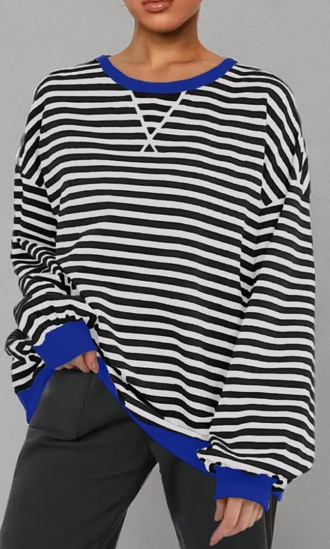 Women Striped Oversized Sweatshirt Color Block Long Sleeve Shirt Crew Neck Casual Loose Pullover Y2K Top