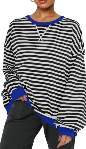 Women Striped Oversized Sweatshirt Color Block Long Sleeve Shirt Crew Neck Casual Loose Pullover Y2K Top