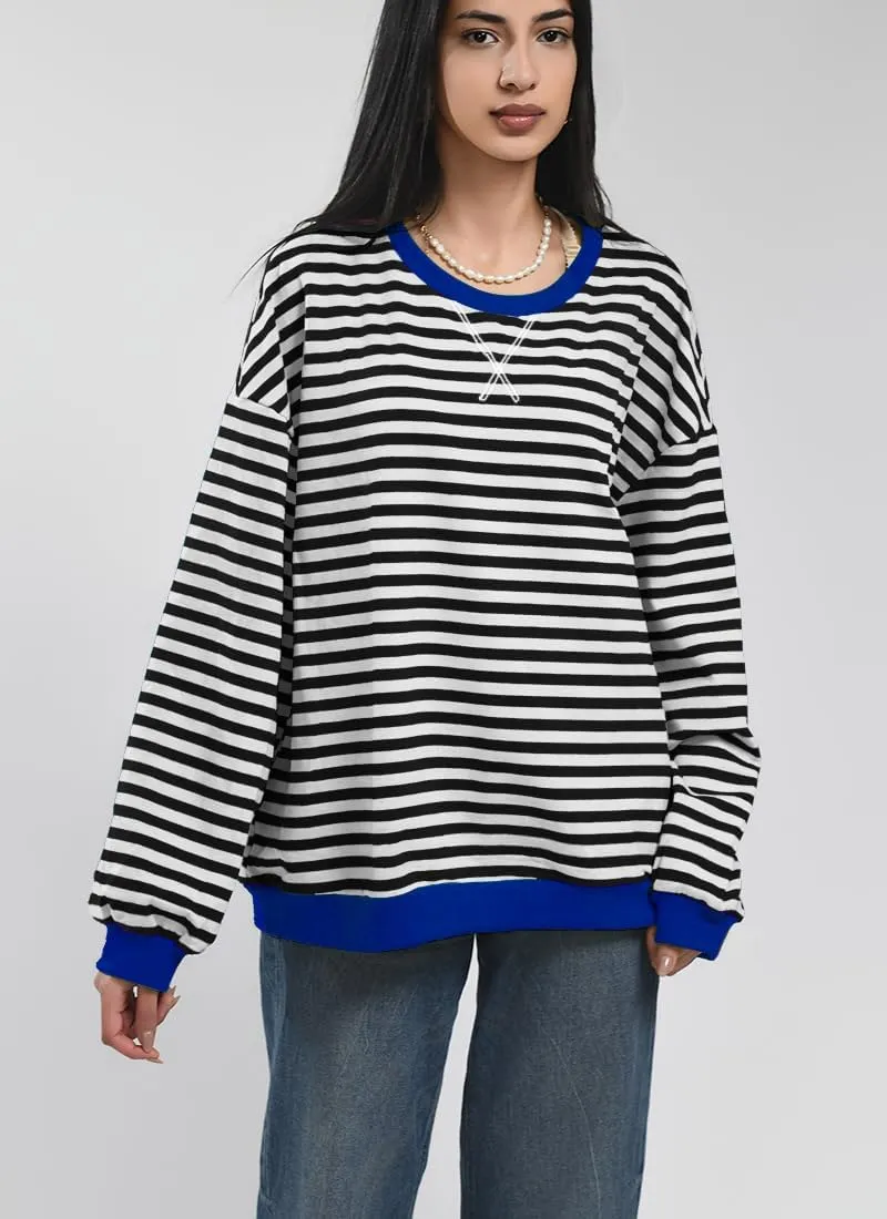 Women Striped Oversized Sweatshirt Color Block Long Sleeve Shirt Crew Neck Casual Loose Pullover Y2K Top