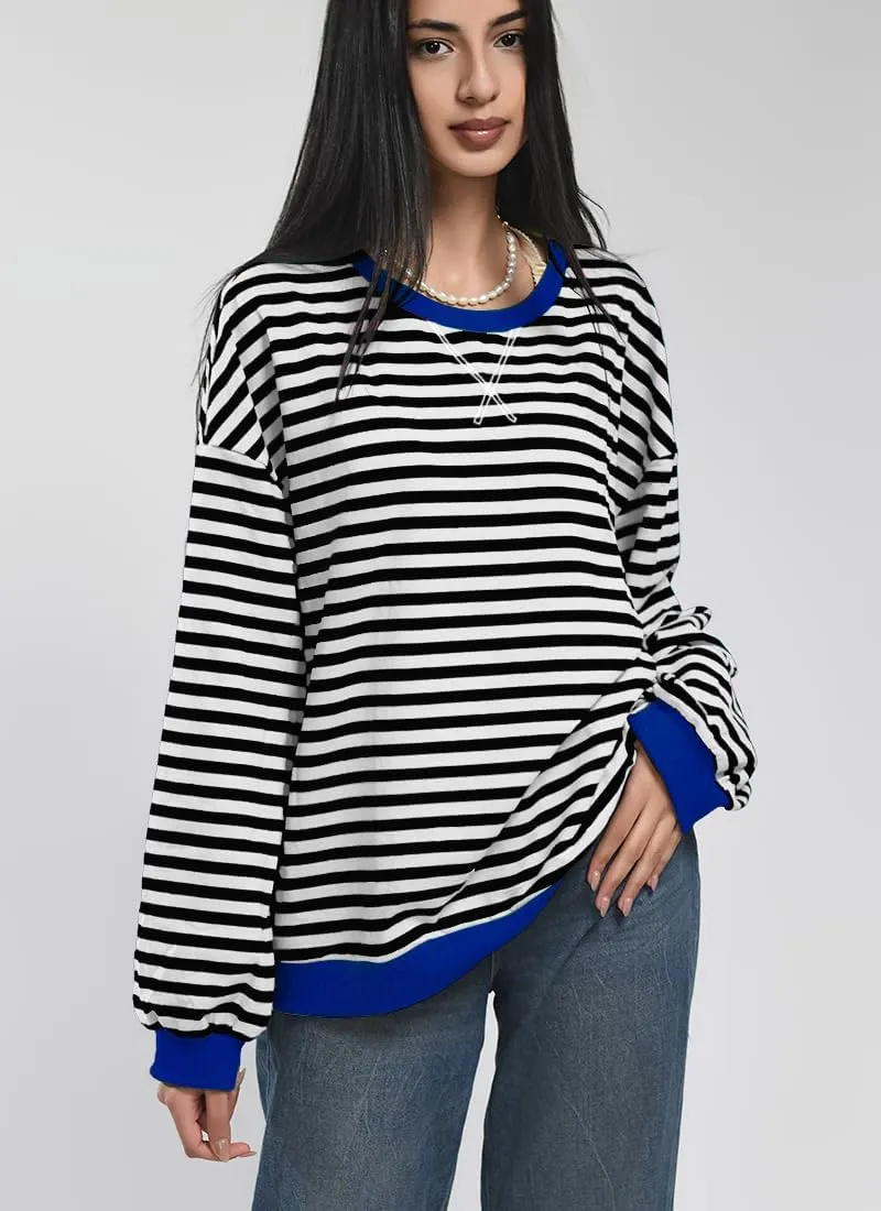 Women Striped Oversized Sweatshirt Color Block Long Sleeve Shirt Crew Neck Casual Loose Pullover Y2K Top