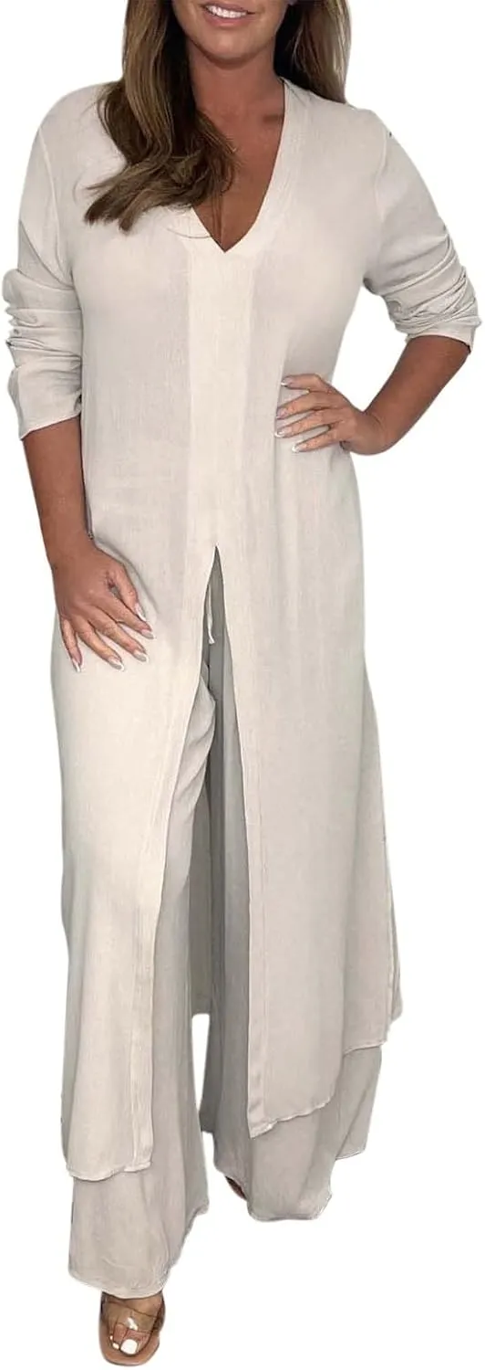 Women Summer 2 Piece Sets Front Split V-Neck Long Sleeve Dress Tops Flowy Beach Vacation Wide Leg Lounge Pants Outfits