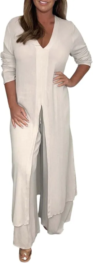 Women Summer 2 Piece Sets Front Split V-Neck Long Sleeve Dress Tops Flowy Beach Vacation Wide Leg Lounge Pants Outfits