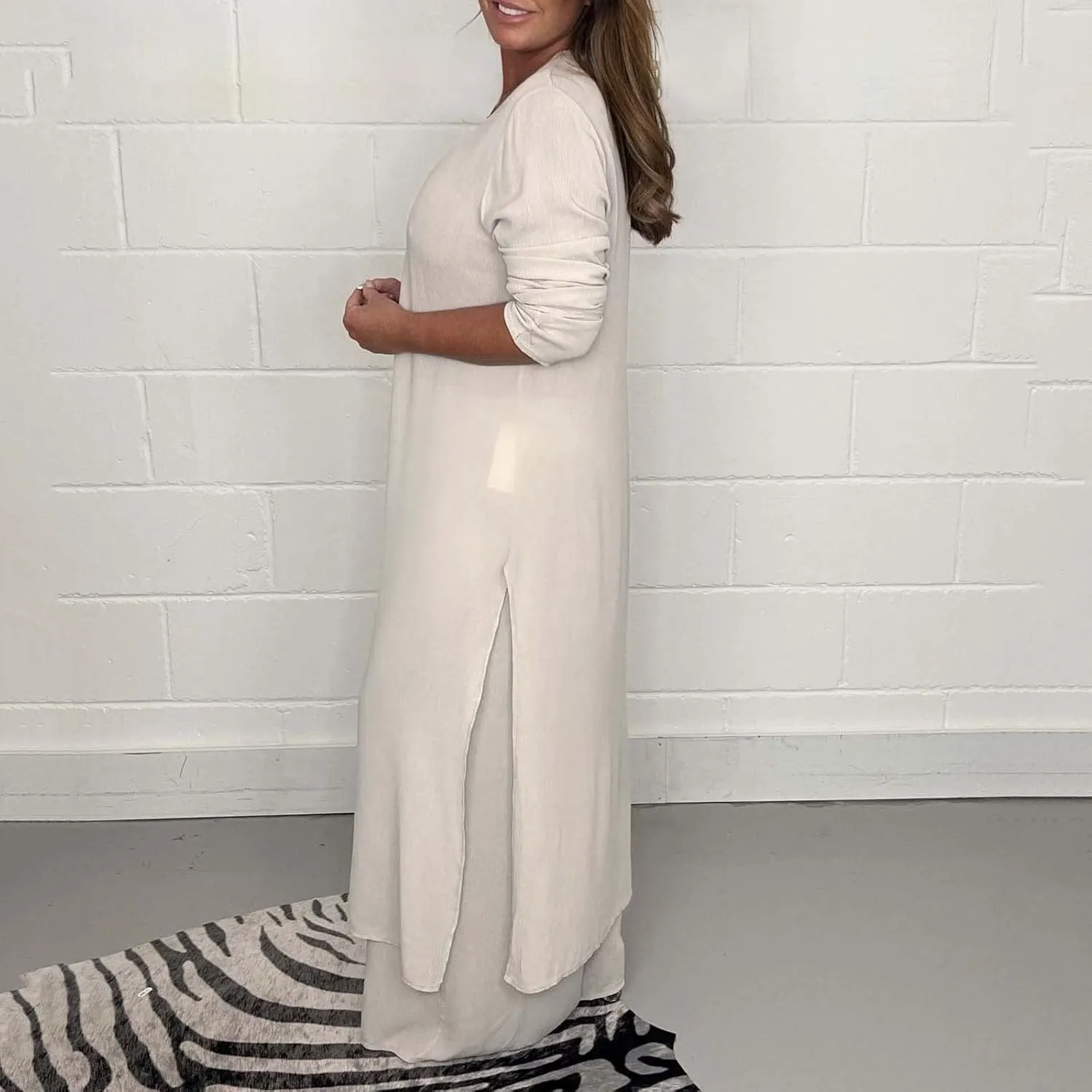 Women Summer 2 Piece Sets Front Split V-Neck Long Sleeve Dress Tops Flowy Beach Vacation Wide Leg Lounge Pants Outfits