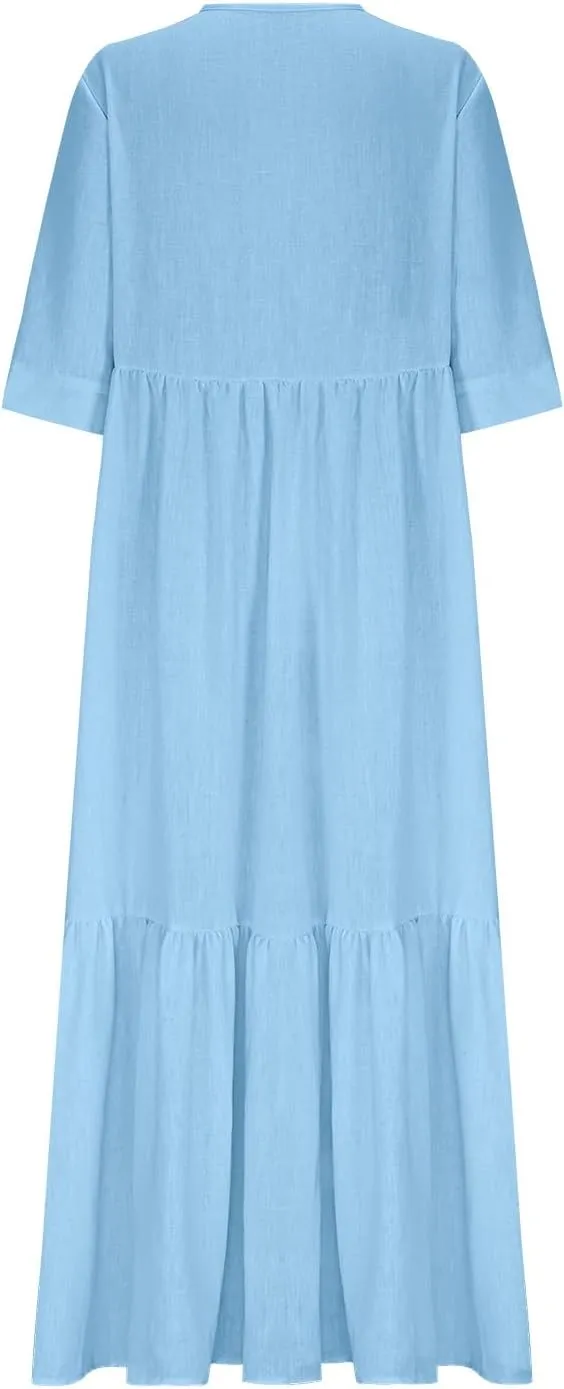 Women Summer Boho Loose Cotton Linen Tiered Maxi Dress Casual Tie V Neck Flowy A-Line Swing Ruffle Shirt Long Dresses
