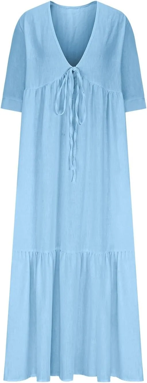 Women Summer Boho Loose Cotton Linen Tiered Maxi Dress Casual Tie V Neck Flowy A-Line Swing Ruffle Shirt Long Dresses