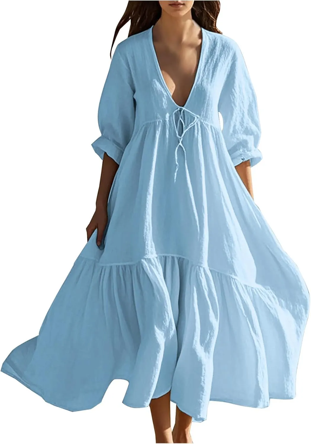 Women Summer Boho Loose Cotton Linen Tiered Maxi Dress Casual Tie V Neck Flowy A-Line Swing Ruffle Shirt Long Dresses