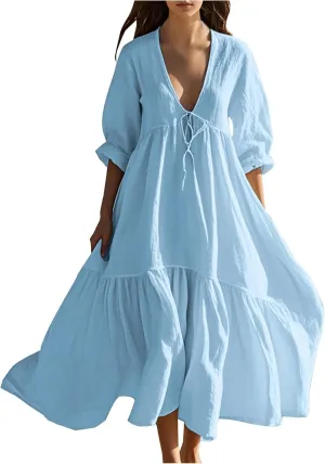 Women Summer Boho Loose Cotton Linen Tiered Maxi Dress Casual Tie V Neck Flowy A-Line Swing Ruffle Shirt Long Dresses