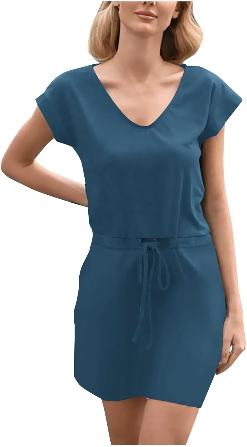 Women Summer Dress Casual Short Sleeve V Neck Sundresses Drawstring Waist Beach Cover up Mini Beach Dress with Pocket