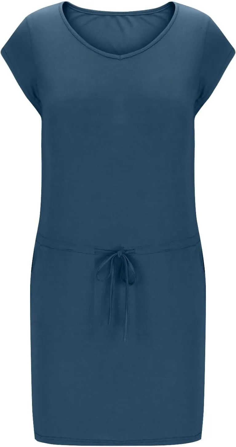 Women Summer Dress Casual Short Sleeve V Neck Sundresses Drawstring Waist Beach Cover up Mini Beach Dress with Pocket