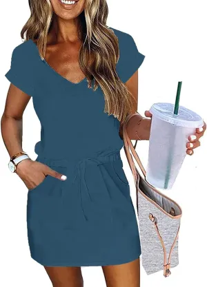 Women Summer Dress Casual Short Sleeve V Neck Sundresses Drawstring Waist Beach Cover up Mini Beach Dress with Pocket