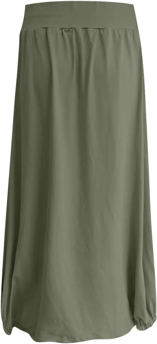 Women Summer Long Maxi Skirts Elastic High Waisted Ankle Length Boho Skirt 2025 Trendy Vacation Dress with Pockets