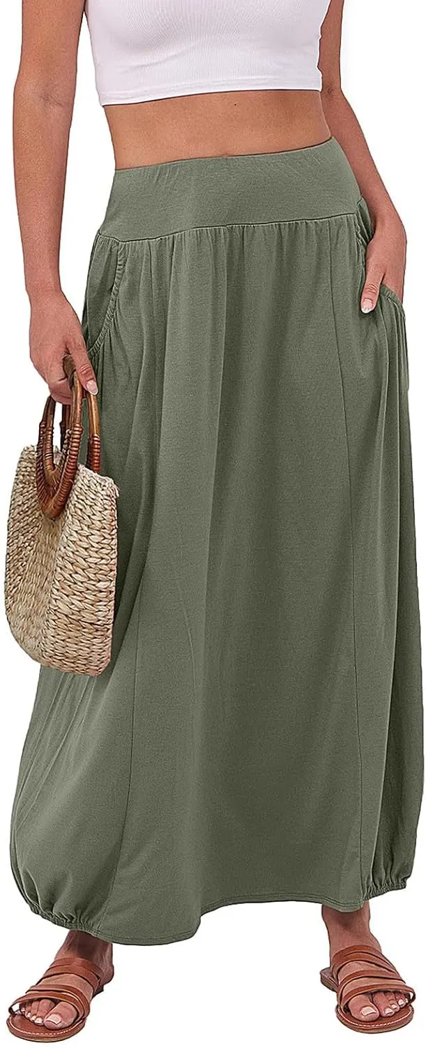 Women Summer Long Maxi Skirts Elastic High Waisted Ankle Length Boho Skirt 2025 Trendy Vacation Dress with Pockets
