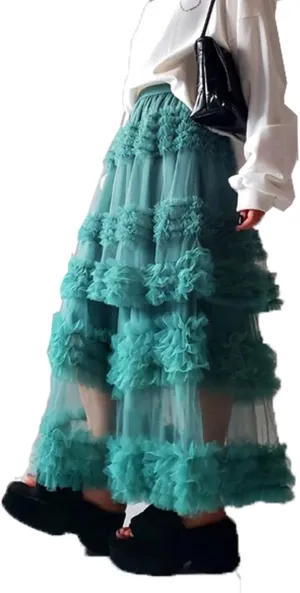 Women Tulle Long Skirt Tiered Layered Sheer Mesh Tutu Skirt Elastic Waist A-Line Flowy Maxi Skirt for Wedding Party