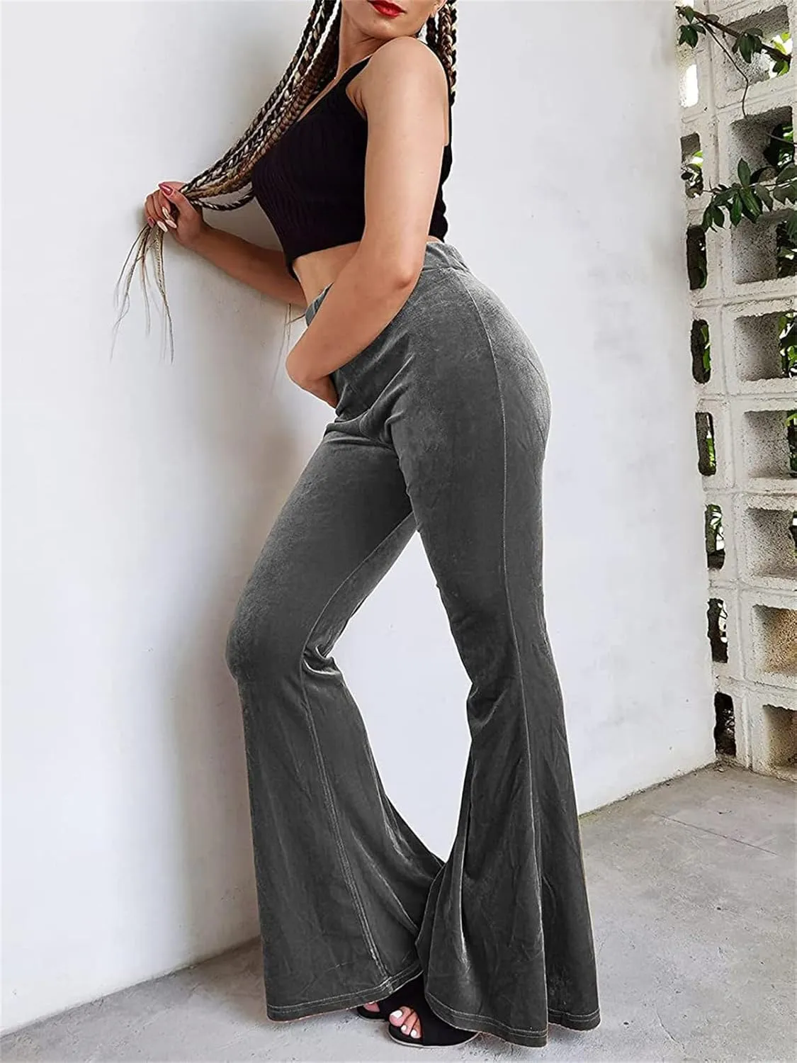 Women Velvet Flare Pants Sexy Skinny High Waist Bootcut Bell-Bottom Trousers Solid Color Slim Fit Lounge Streetwear