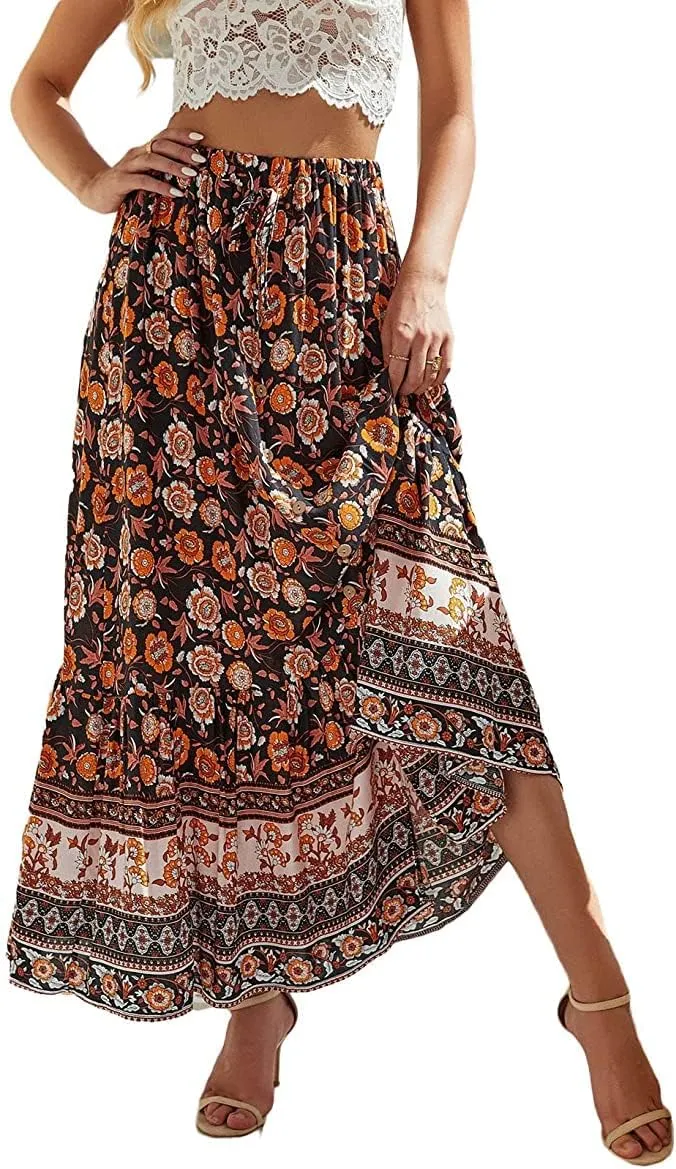 Women's Boho Maxi Skirt Vintage Floral Print Elastic High Waist Split A Line Long Skirts