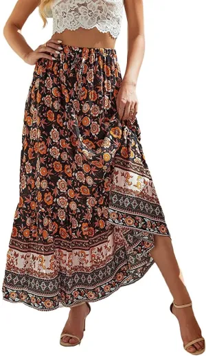 Women's Boho Maxi Skirt Vintage Floral Print Elastic High Waist Split A Line Long Skirts