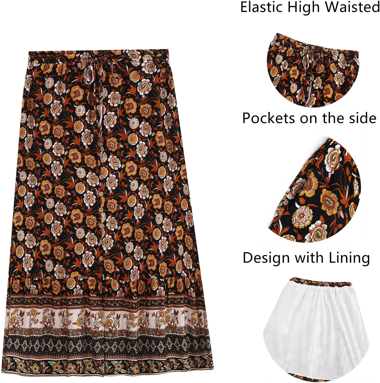 Women's Boho Maxi Skirt Vintage Floral Print Elastic High Waist Split A Line Long Skirts