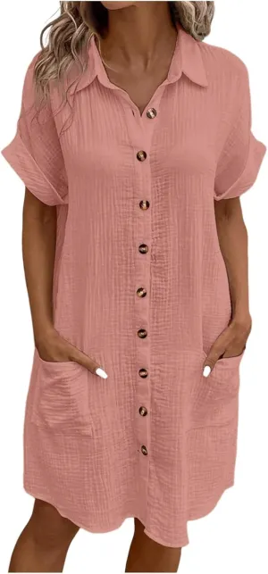 Womens Button Down Shirt Dress Summer Cotton Linen V-Neck Mini Dress Casual Short Sleeve Loose Tunic Dresses