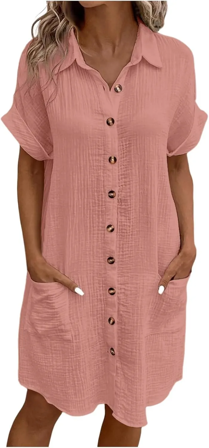 Womens Button Down Shirt Dress Summer Cotton Linen V-Neck Mini Dress Casual Short Sleeve Loose Tunic Dresses