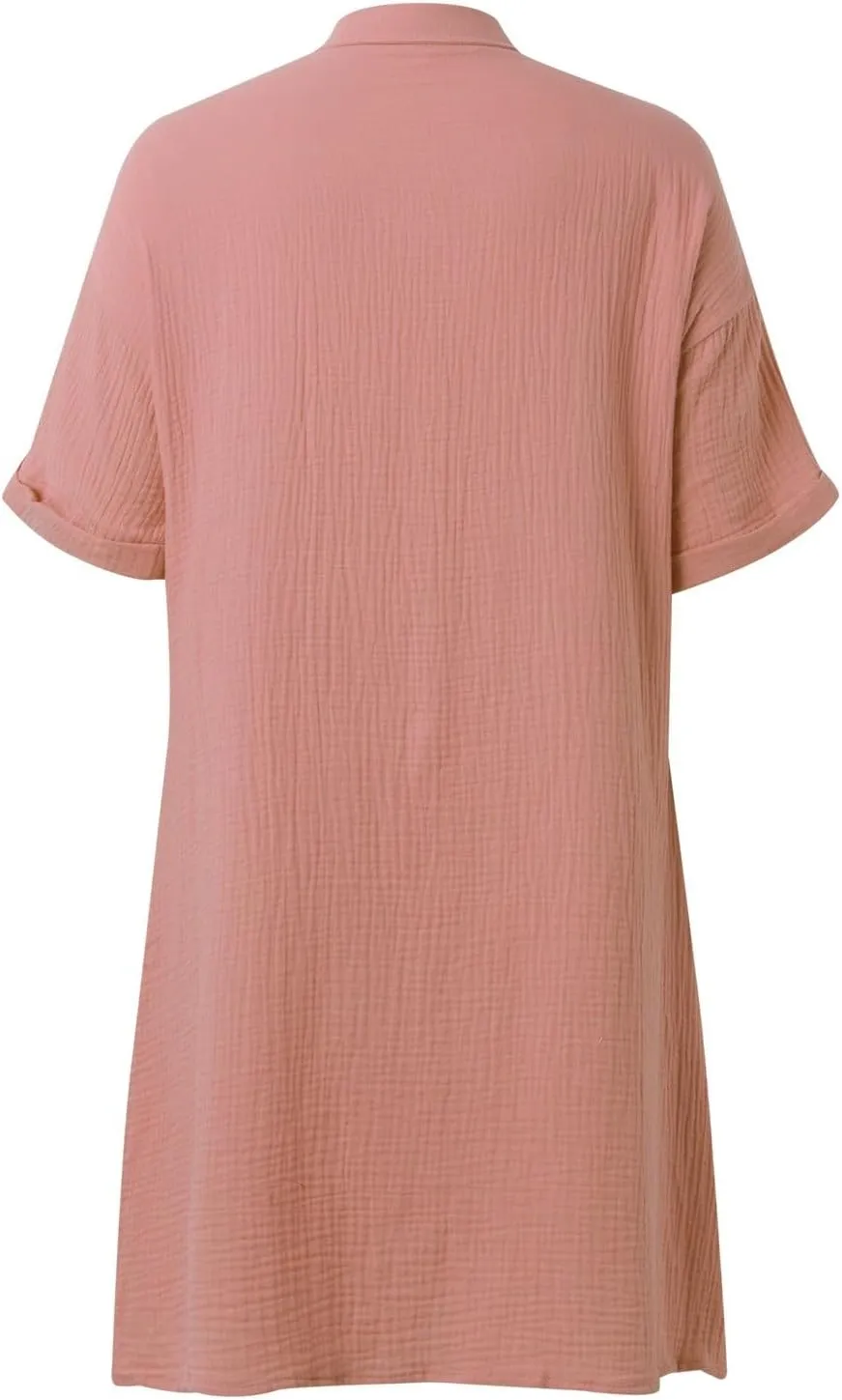Womens Button Down Shirt Dress Summer Cotton Linen V-Neck Mini Dress Casual Short Sleeve Loose Tunic Dresses