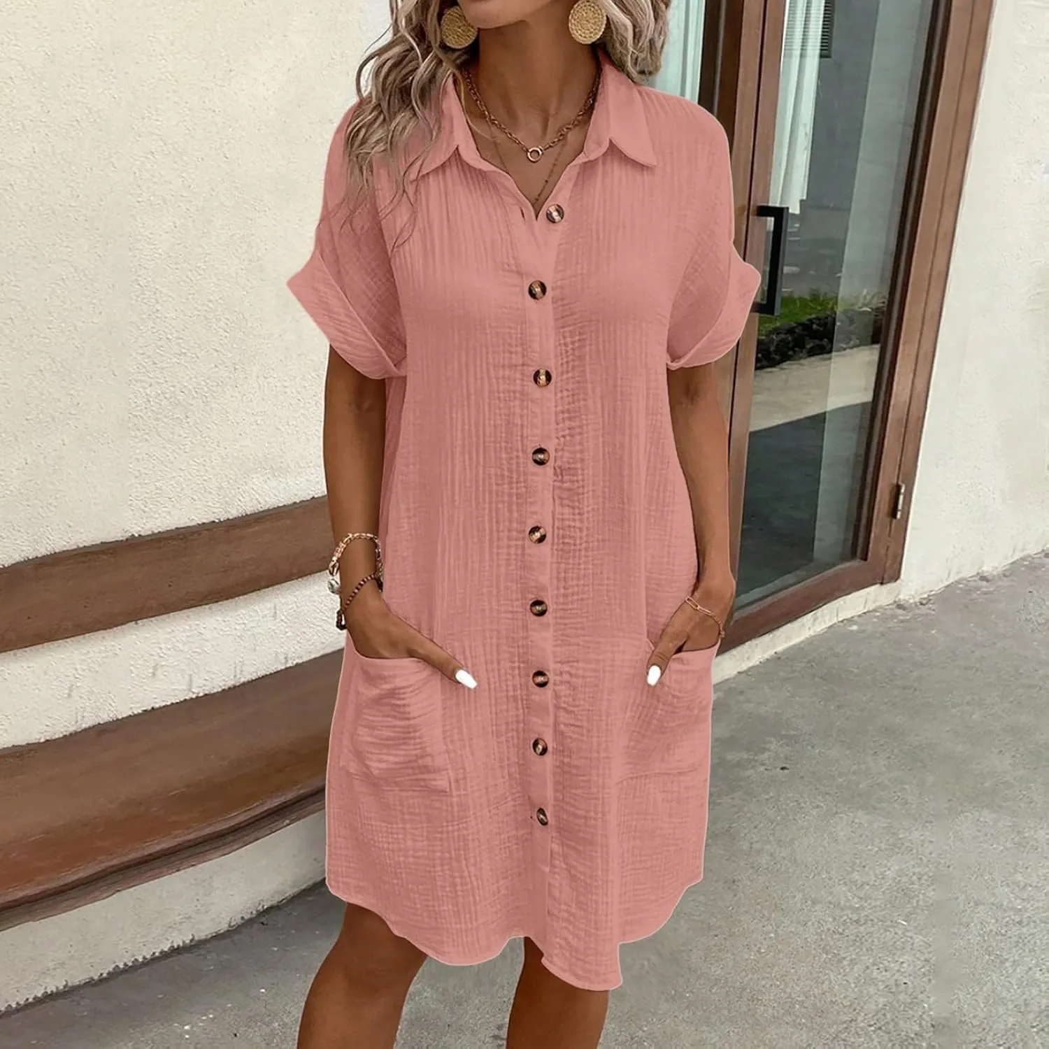 Womens Button Down Shirt Dress Summer Cotton Linen V-Neck Mini Dress Casual Short Sleeve Loose Tunic Dresses