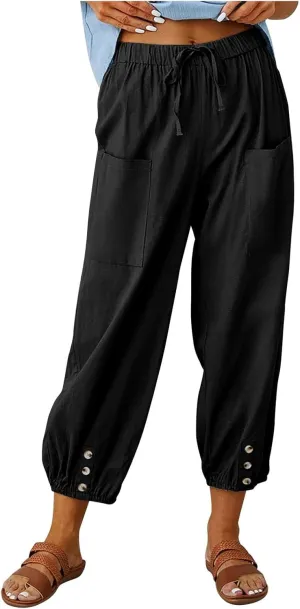 Women's Capri Pants Casual High Waist Cotton Linen Pants Summer Baggy Trouser with Pocket