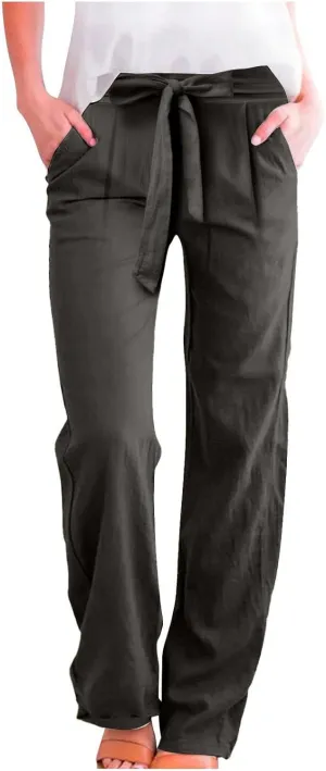 Women's Casual Cotton Linen Pants Elastic Waist Loose Fit Straight Jogger Pants Drawstring Solid Trousers with Pockets
