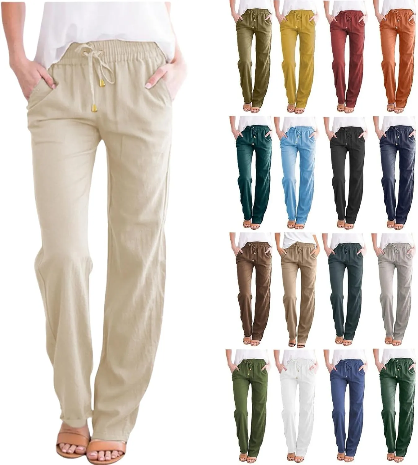 Womens Casual Cotton Linen Pants Lightweight Straight Leg Elastic Drawstring Trousers Summer Loose Fit Lounge Pants