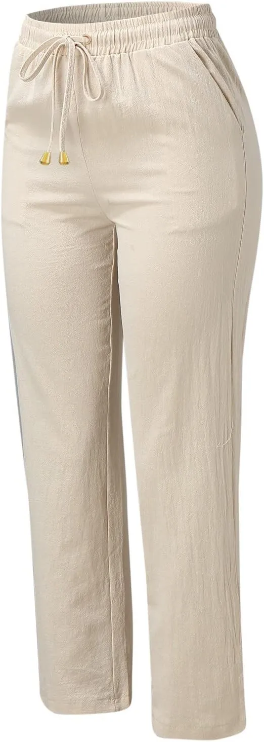 Womens Casual Cotton Linen Pants Lightweight Straight Leg Elastic Drawstring Trousers Summer Loose Fit Lounge Pants