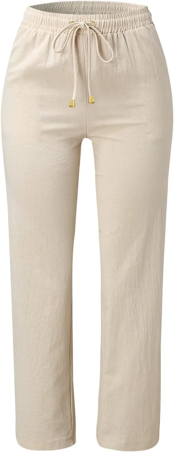 Womens Casual Cotton Linen Pants Lightweight Straight Leg Elastic Drawstring Trousers Summer Loose Fit Lounge Pants