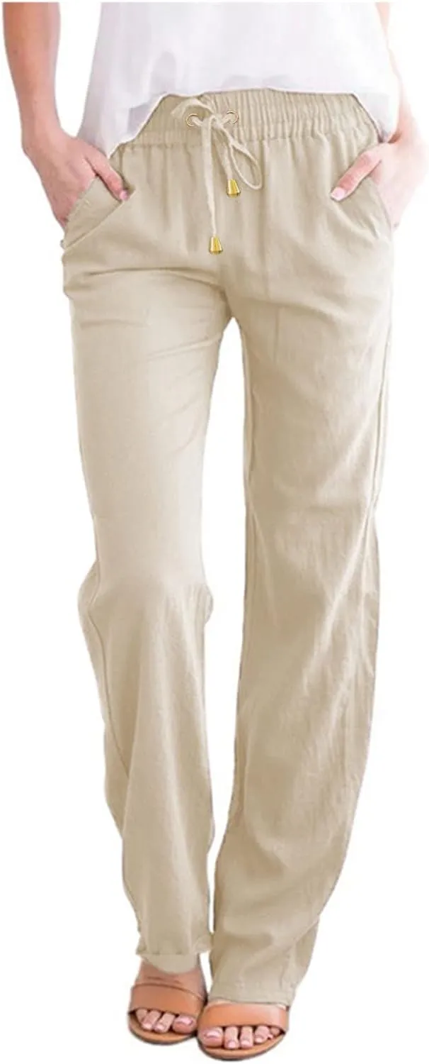 Womens Casual Cotton Linen Pants Lightweight Straight Leg Elastic Drawstring Trousers Summer Loose Fit Lounge Pants