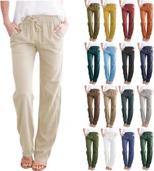 Womens Casual Cotton Linen Pants Lightweight Straight Leg Elastic Drawstring Trousers Summer Loose Fit Lounge Pants