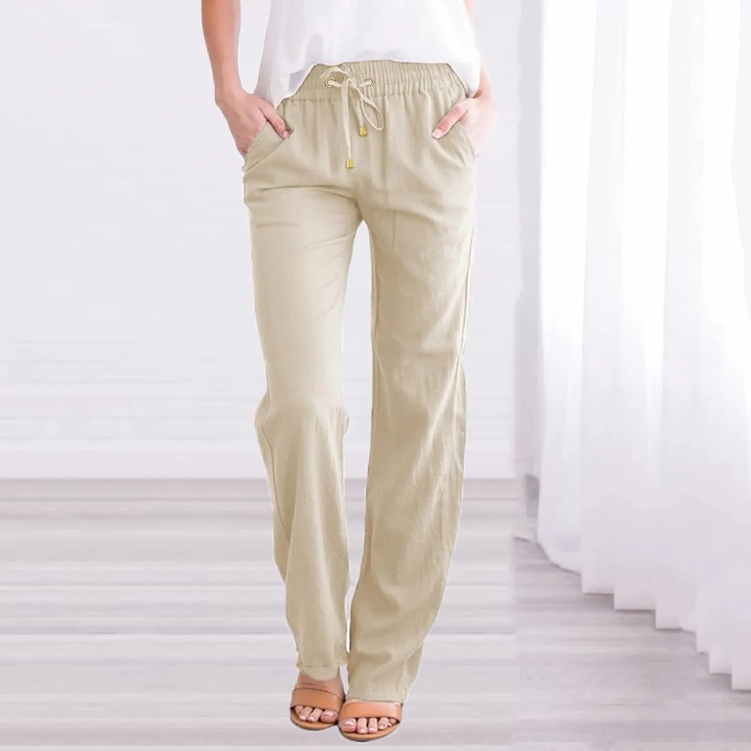 Womens Casual Cotton Linen Pants Lightweight Straight Leg Elastic Drawstring Trousers Summer Loose Fit Lounge Pants