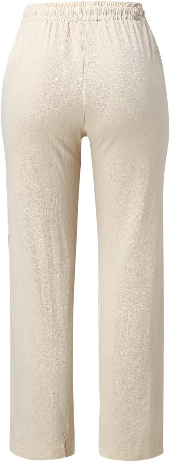 Womens Casual Cotton Linen Pants Lightweight Straight Leg Elastic Drawstring Trousers Summer Loose Fit Lounge Pants