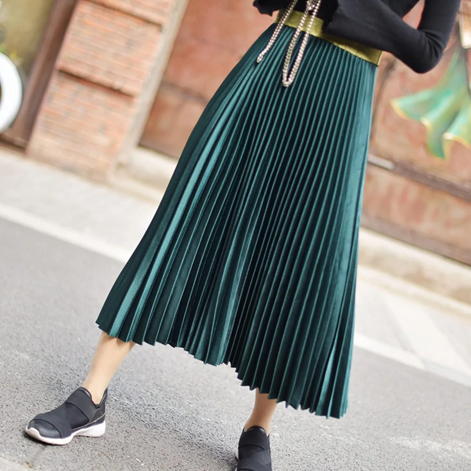 Womens Casual Elastic Waist Metallic Pleated Accordion Midi Long Skirts