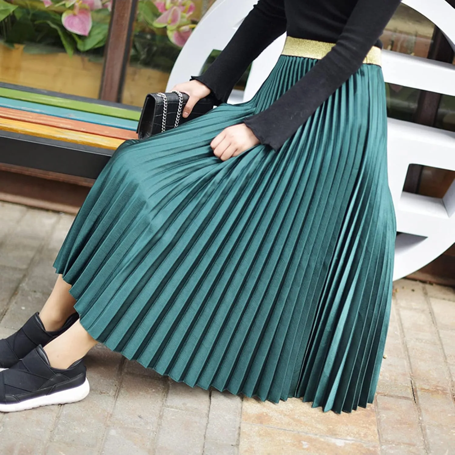 Womens Casual Elastic Waist Metallic Pleated Accordion Midi Long Skirts
