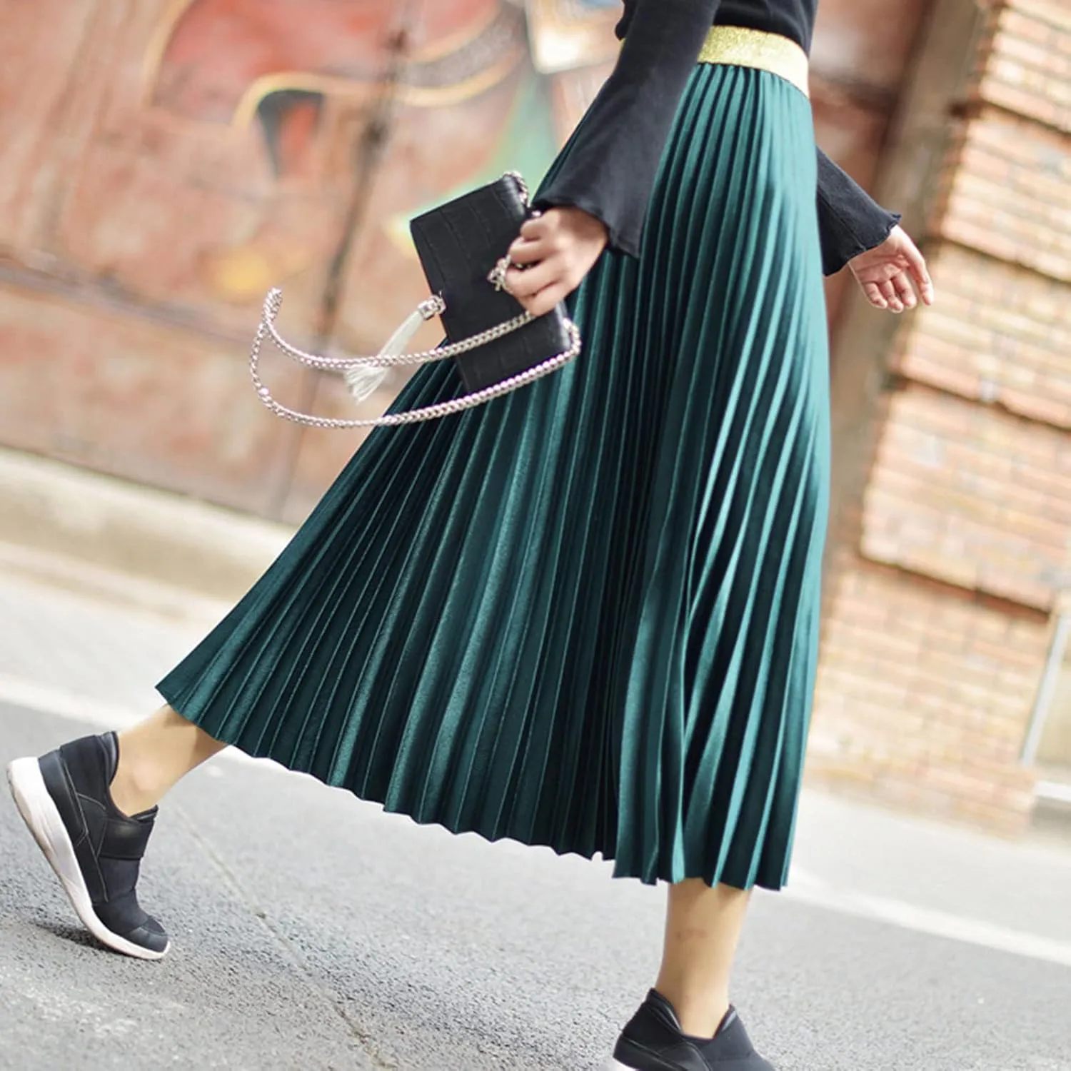 Womens Casual Elastic Waist Metallic Pleated Accordion Midi Long Skirts