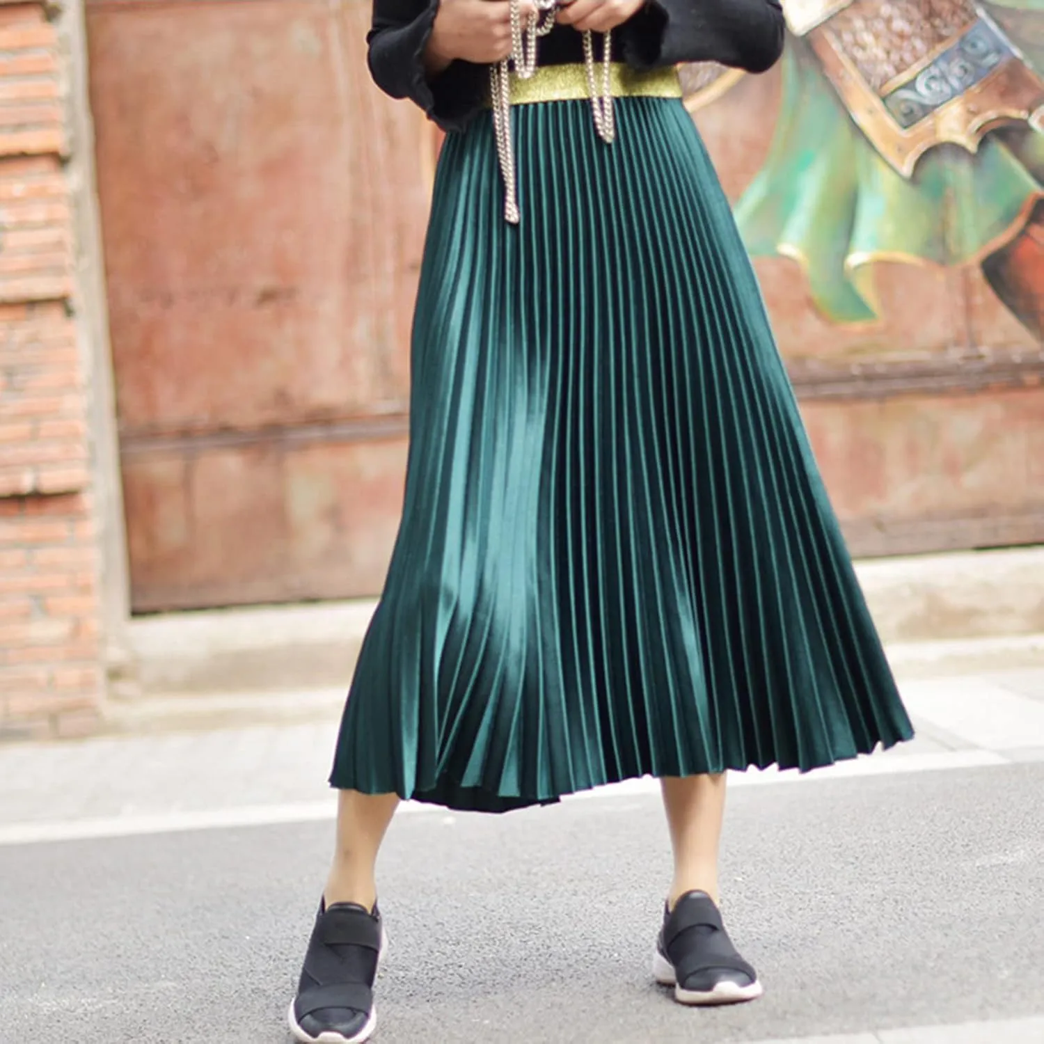 Womens Casual Elastic Waist Metallic Pleated Accordion Midi Long Skirts