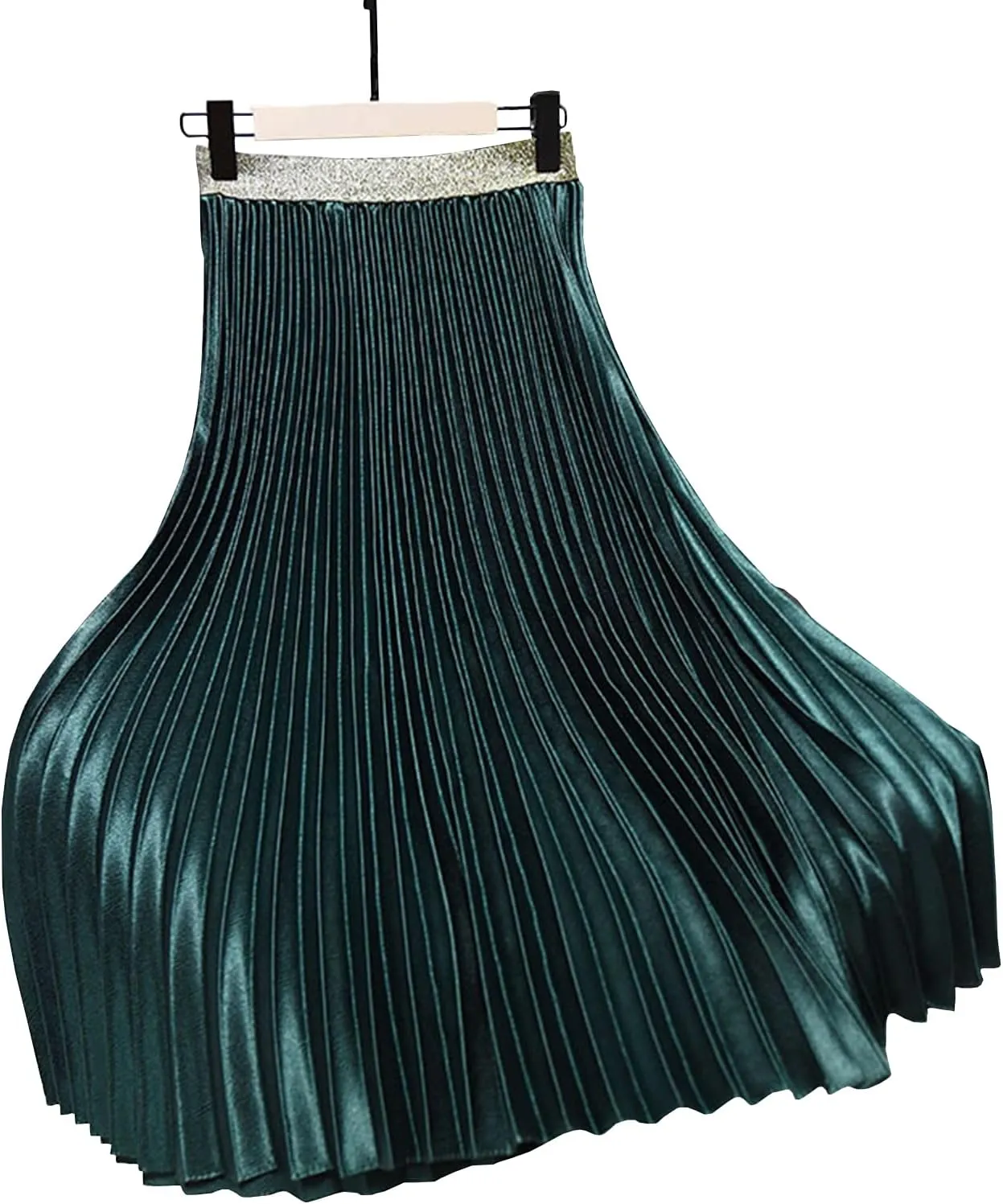 Womens Casual Elastic Waist Metallic Pleated Accordion Midi Long Skirts