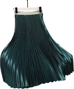 Womens Casual Elastic Waist Metallic Pleated Accordion Midi Long Skirts