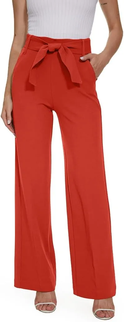 Women's Casual High Waisted Wide Leg Dress Pants with Pockets and Belt