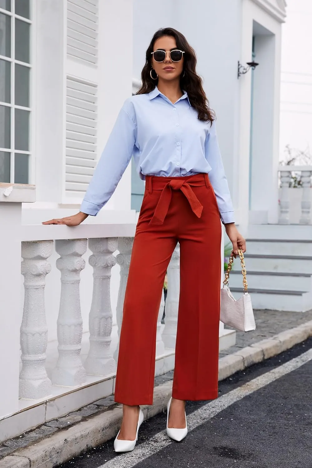 Women's Casual High Waisted Wide Leg Dress Pants with Pockets and Belt